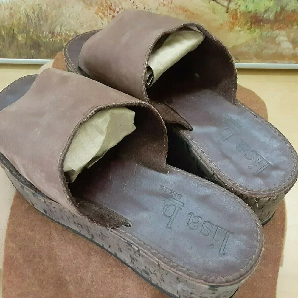 Slide‎ Sandals Brown Suede Cork Platform Lisa B EUC